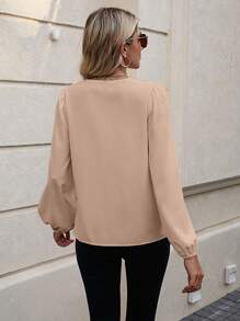 SHEIN LUNE Viền Ruffle Tay áo lồng đèn Áo sơ mi - Màu be - Xem 2