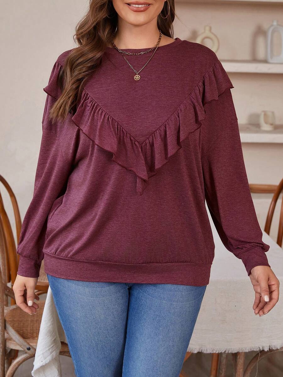 SHEIN LUNE Sudadera Con Cuello Redondo Y Dobladillo Con Volantes Para Mujeres De Talla Grande - Rojo violeta - Ver 1
