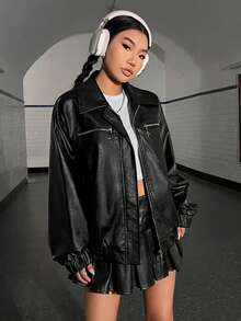 SHEIN EZwear Zip Up Drop Shoulder PU Leather Jacket - Black - View 7