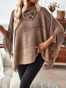 EMERY ROSE Button Detail Fringe Trim Batwing Sleeve Cowl Neck Poncho Sweater - Khaki - View 3