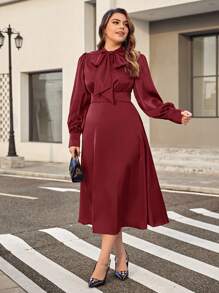 SHEIN Privé Plus Tie Neck Lantern Sleeve Dress - Burgundy - View 5