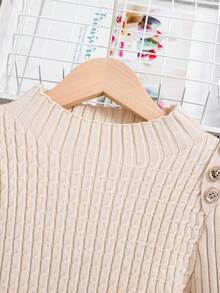 SHEIN Cô gái Tween Chi tiết Nút Cổ giả Áo len - Màu Khaki - Xem 4