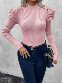 EMERY ROSE Maglione a collo alto con dettagli a bottoni, orlo arricciato, lavorazione a costine, per autunno e inverno - Rosa - Visualizzare 6
