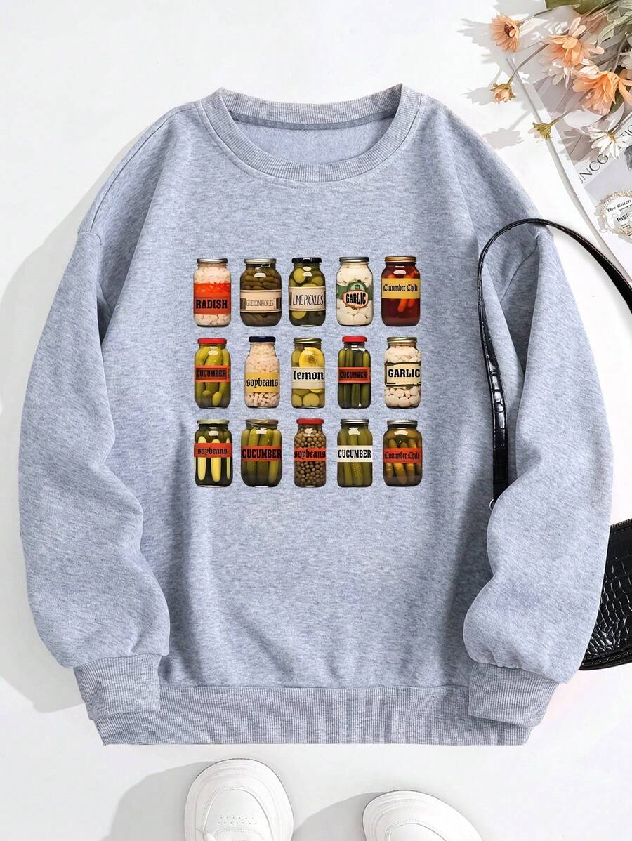 SHEIN Essnce Áo nỉ cổ tròn in chữ cho nữ, áo mùa xuân - Xám - Xem 1