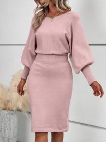 Calvaya Solid Lantern Sleeve Rib Knit Sweater Dress Fall Winter Cloth For Women