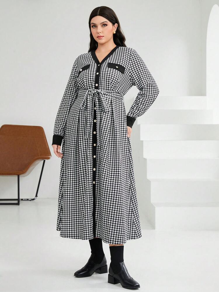 Plus Size Houndstooth Color Block Button Front Dress With Rolled Edges