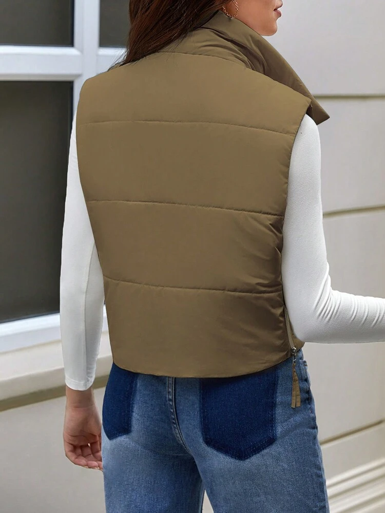 Women's Solid Crop Padded Vest For Autumn & Winter