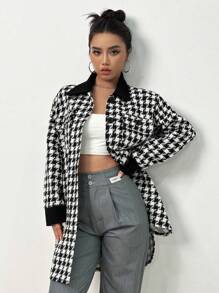 Flirla Áo khoác vải tuýt trễ vai họa tiết Houndstooth - Nhiều màu - Xem 3