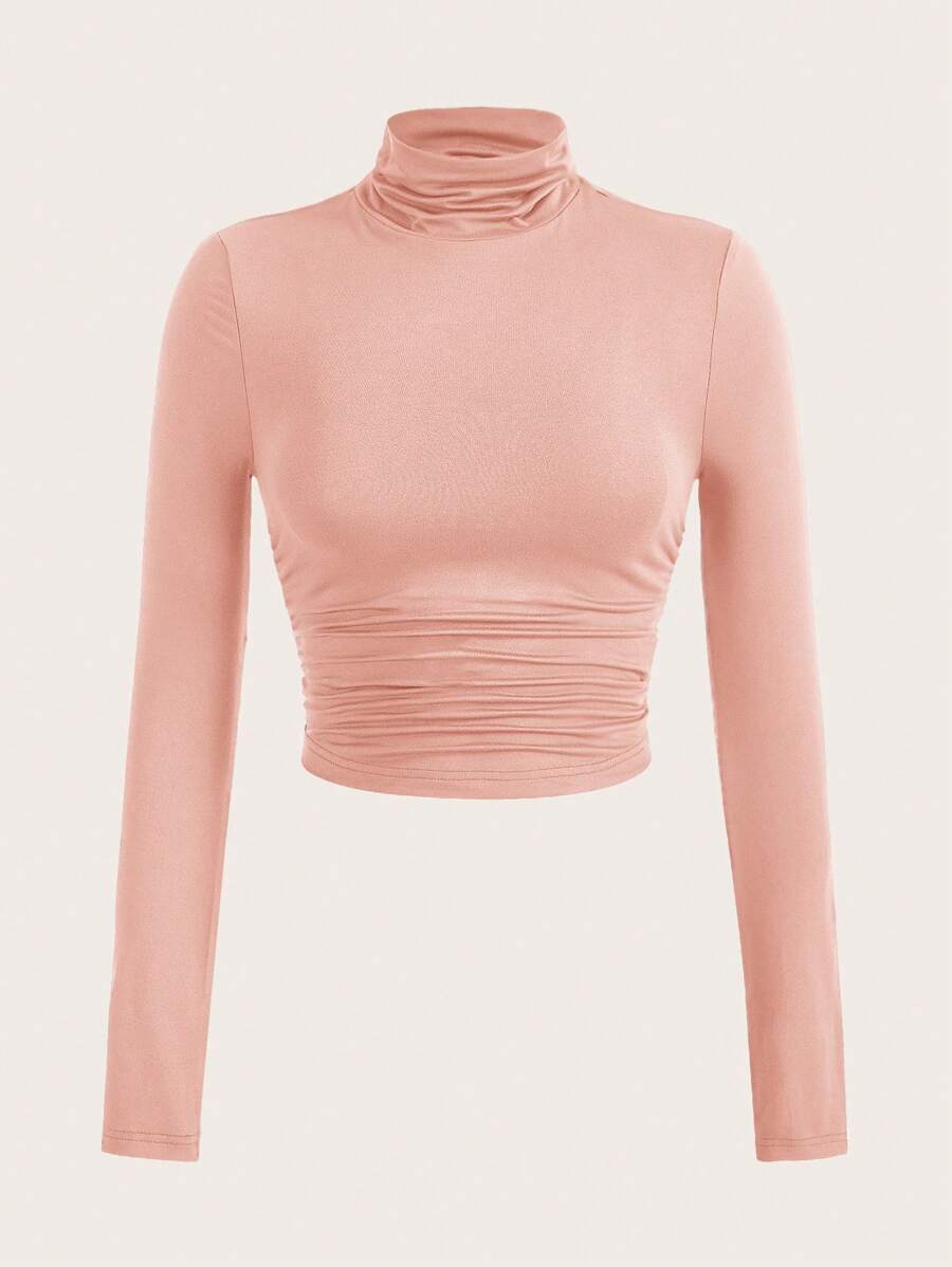 SHEIN EZwear 粉色褶皱立领修身优雅长袖 T 恤