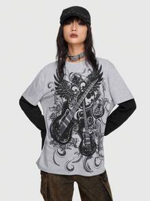 ROMWE Grunge Punk Guitar & Wings Print Drop Shoulder 2 in 1 Tee - Grey - View 6