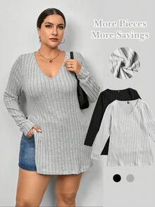 SHEIN Essnce 大碼2入組條紋針織下擺開叉T恤 - 彩色 - 查看 3