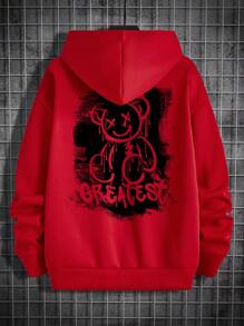 Manfinity RebelGame 男士超大款熊与字母图案连帽衫，秋季款，长袖上衣 - 紅色 - 查看 2