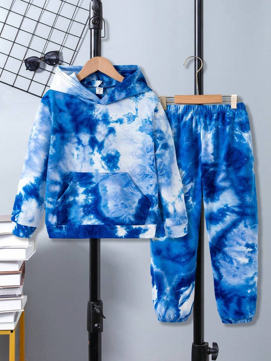 SHEIN Tween Boy Tie Dye Hoodie & Sweatpants - Blue - View 1
