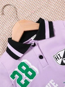SHEIN Cô Gái Trẻ Đồ họa Chữ cái Cổ áo tương phản Cổ Polo Váy áo thun - Màu tím  Violet - Xem 5
