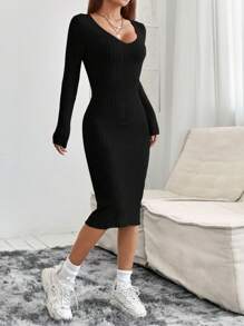 SHEIN PETITE Solid Ribbed Knit Bodycon Spring Women Dress - Black - View 4