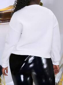 Maweii Talla grande Sudadera con estampado de figura y slogan de hombros caídos - Blanco - Ver 2