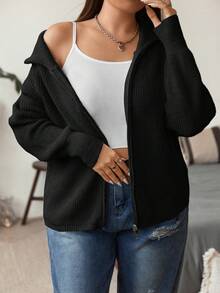Flirla Plus Raglan Sleeve Zip Up Cardigan - Black - View 5