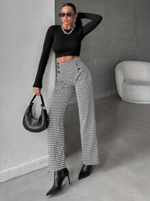 SHEIN Cottnline Women's Houndstooth Pattern Button Detail Straight Leg Pants - Black and White - View 3