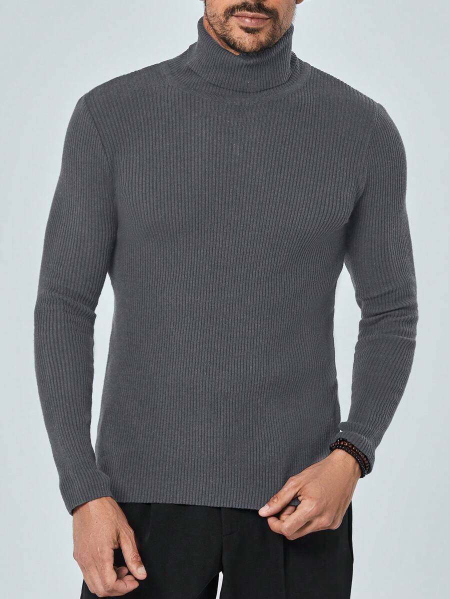 EURMUSE Men's High Neck Solid Color Sweater - Grey - View 1