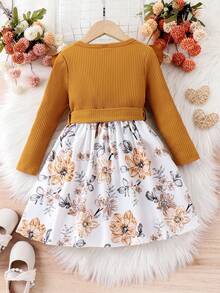 SHEIN 女小童印花荷葉邊繫腰帶洋裝 - 卡其色 - 查看 2