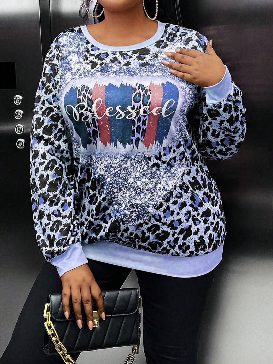 Maweii 大碼豹紋&字母圖案落肩袖運動衫 - 藍色 - 查看 1