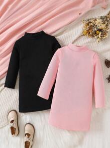 SHEIN Young Girl 2pcs Mock Neck Ribbed Knit Dress - Multicolor - View 1