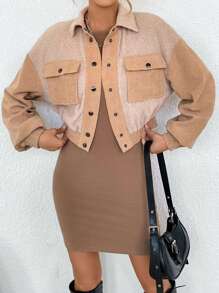 SHEIN Essnce Colorblock Flap Pocket Drop Shoulder Crop Jacket - Khaki - View 6