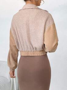 SHEIN Essnce Colorblock Flap Pocket Drop Shoulder Crop Jacket - Khaki - View 2