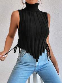 Allurite Áo cao cổ Ren Up Side Viền không đối xứng Áo len vest - màu đen - Xem 7