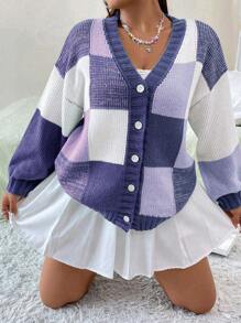 Flirla 大碼撞色落肩袖開襟衫 - 紫色 - 查看 3