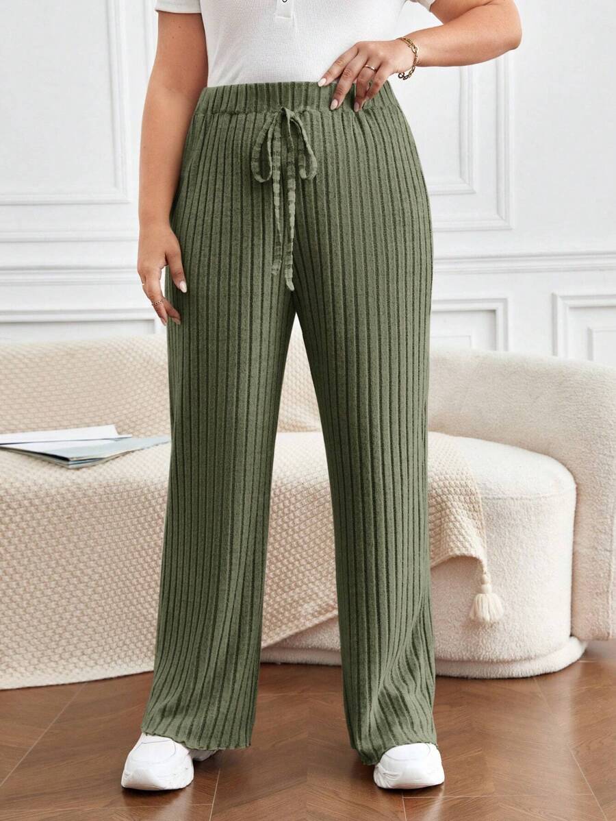 SHEIN Frenchy Hơn Dây thắt lưng Đồ đan Ribbed Quần - xanh quân đội - Xem 1