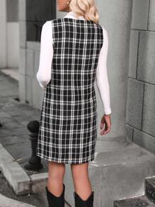 SHEIN Clasi Plaid Dual Pocket Overall Dress Without Sweater - Black - View 2