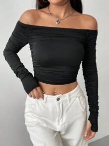 SHEIN EZwear Parte Superior Corta De Moda Para Mujer Estilo Y2k Sin Hombros Con Manga Larga Ajustada, Plegado Ajustado, Sin Espalda Y Con Estilo Para Salir