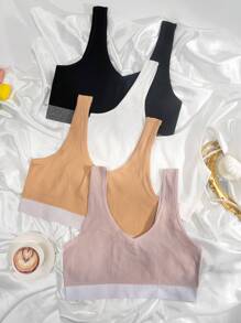 Talla grande 4 piezas Sujetador tejido de canalé de color combinado - Multicolor - Ver 1