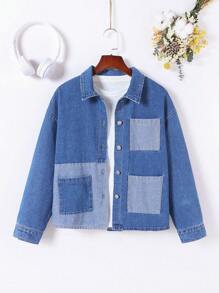 Tween Girl Colorblock Patched Pocket Drop Shoulder Denim Shirt Without Tee - Dark Wash - View 1