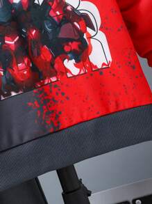 SHEIN Tween Boy Bear Print Two Tone Hoodie & Letter Graphic Sweatpants - Grey - View 5