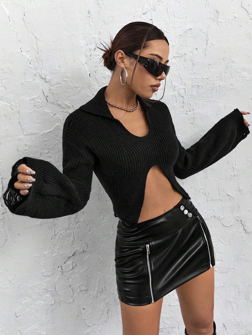 Solid Split Hem Distressed Trim Crop Sweater