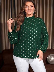 EMERY ROSE Plus Gold Dot Print Lantern Sleeve Frilled Neck Blouse - Green - View 4