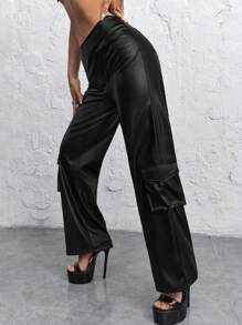 SHEIN ICON 側翻蓋口袋工裝褲 - 黑色 - 查看 5