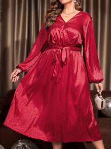 EMERY ROSE 大碼斑點圖案提花燈籠袖繫腰帶洋裝 - 紅色 - 查看 1