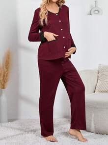 SHEIN Thai sản Viền tương phản Nút phía trước Bộ giản dị - Màu Đỏ Sâu - Xem 4