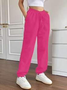 SHEIN Unity Solid Drawstring Waist Slant Pocket Sweatpants - Hot Pink - View 5