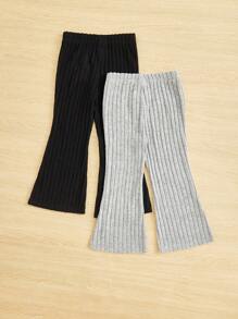 SHEIN Girls' Knitted Ribbed Preppy Flared Trousers - Multicolor - View 2