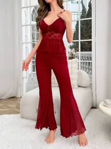 Conjunto de pijama con top tipo camiseta con borde de encaje y pantalón de pierna campana - Burdeos - Ver 4