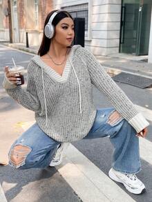 Flirla 大碼拼接邊抽繩連帽套頭毛衣 - 黑與白 - 查看 5