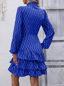 SHEIN Clasi Allover Print Tie Neck Layer Hem Dress - Royal Blue - View 2