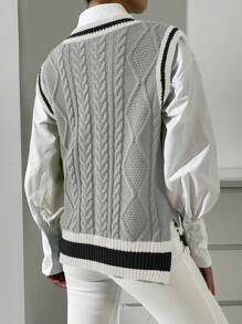 Chiquease Striped Trim Cable Knit Sweater Vest Without Blouse - Multicolor - View 2