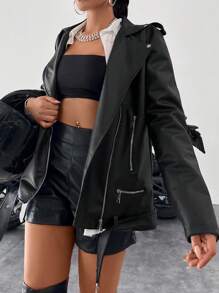 EURMUSE Zip Up PU Leather Moto Jacket - Black - View 1