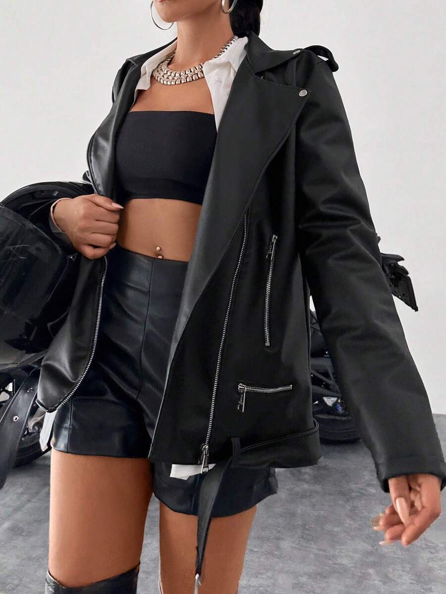 EURMUSE Zip Up PU Leather Moto Jacket - Black - View 1