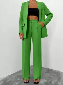 SHEIN 2pcs Women's Solid Color Mandarin Collar Business Suit - Green - View 1